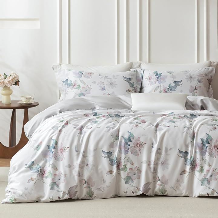 布団カバーセット 4点セット 通気性 60番手高密度織り オリジナル柄デザイン ベッドカバーセット おしゃれ 枕カバーx2 掛け布団カバーx1(Ivoriea, セミダブル・SD)