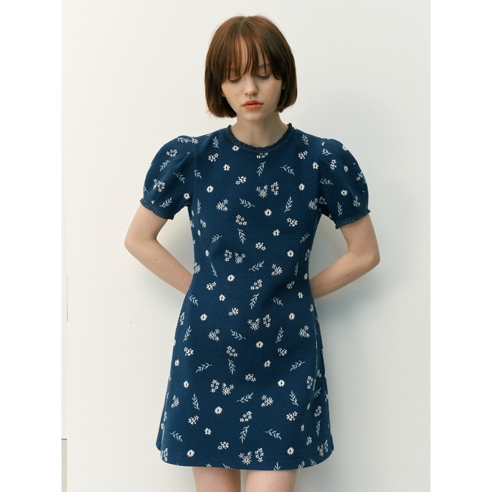 AND YOU GREEN VEIL セミAラインフラワージャカードミニドレス (チャコールディープブルー)