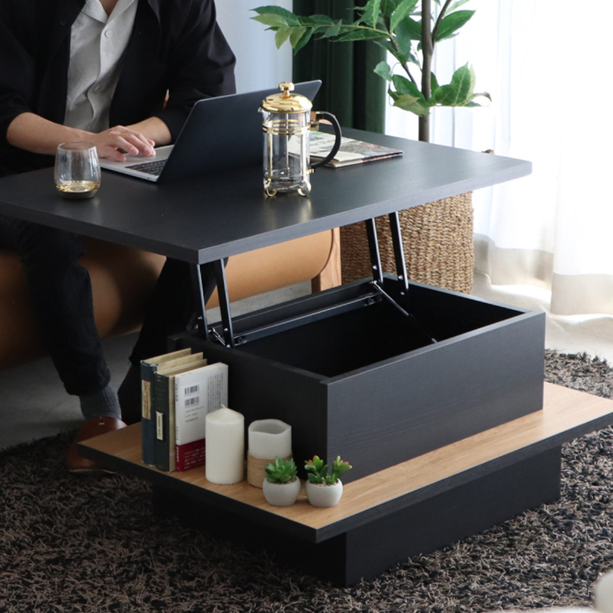 ローテーブル 昇降式テーブル 幅90cm リフトアップテーブル FEEL リビングテーブル センターテーブル テーブル 収納 日本製 高さ調節 木製 長方形 完成品 スタイリッシュ モダン