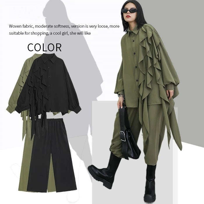 【全店任意2枚購入で100円OFF】セットアップ レディース 春 秋 レディース きれいめ セットアップ 秋 冬 フリーサイズ グリーン ブラック 個性デザイン ブラウス ワイドパンツ 2点セット ゆ