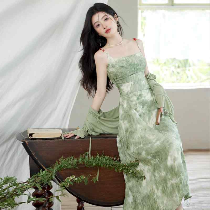 ワンピース チャイナ風 中華美人 観光 旅行 レディース 婦人服 ナチュラル 美しい グリーン ノースリーブ キャミソール ツーピース コーデ一式 夏 リゾート エレガント