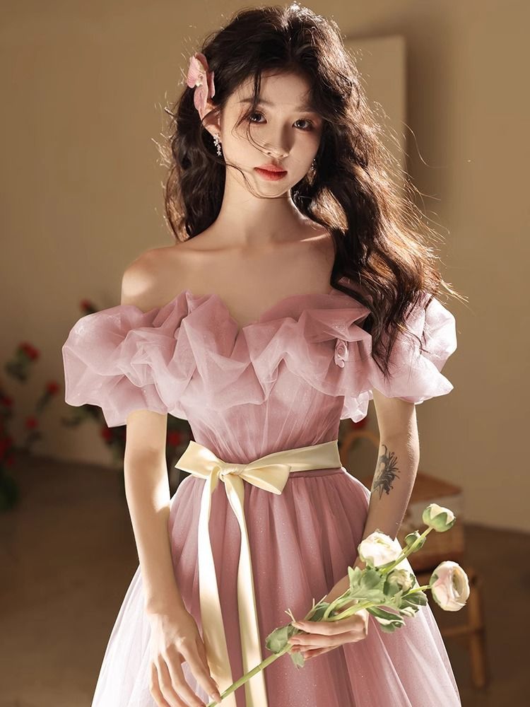 女性のためのピンクのワンショルダードレス2025バンケット学生大人のエチケット試験ホスト