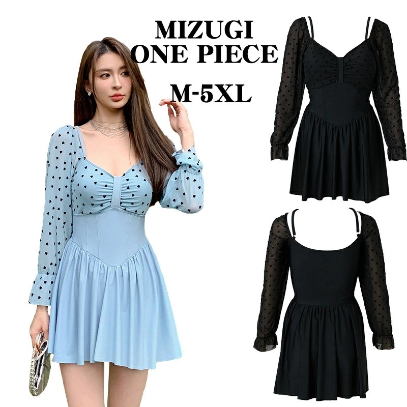 ハート柄 黒 ブルー ワンピース 水着 レディース 体型カバー 可愛いフリル ノンワイヤー 大きいサイズ 韓国 水着 オールインワン 長袖 ショートパンツ めくれ防止 二の腕 太もも 腹 尻 カバーア