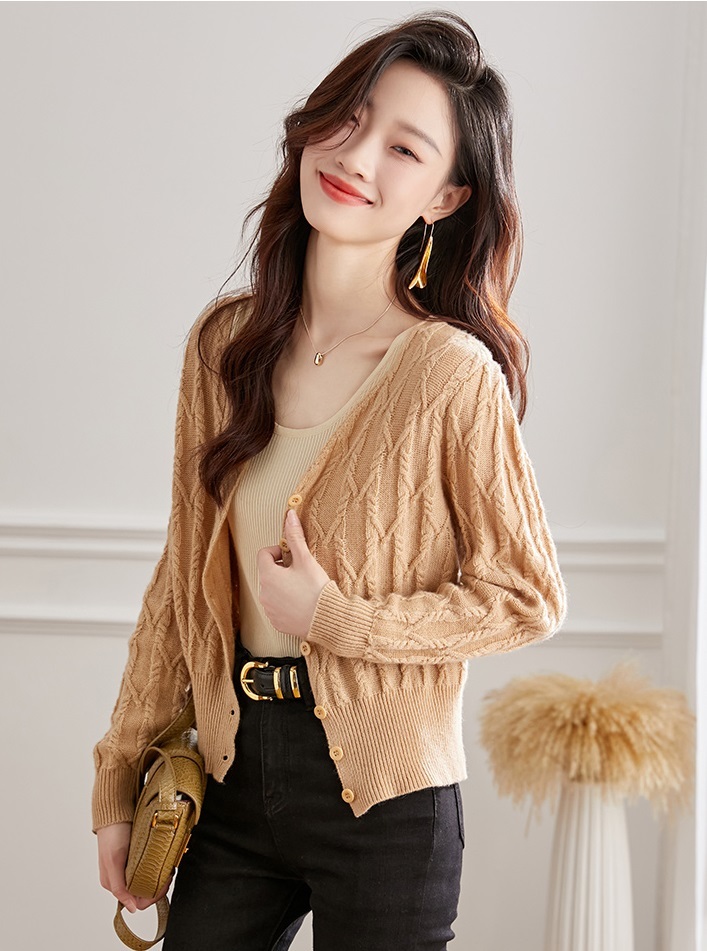ウール ニット カーディガン レディース 春 秋 アウター ショール 秋 ショート ハイウエスト 秋 薄手 セーター コート キャメル M L トップス 袖あり かわいい 大人可愛い きれいめ
