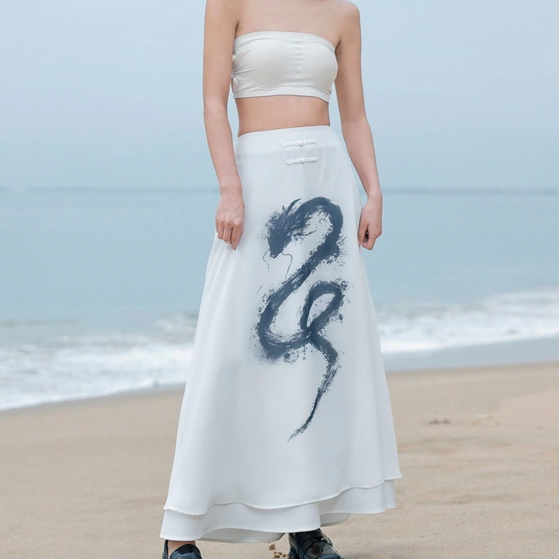 シフォンスカート マキシ 龍紋 ロングスカート 切り替え レイヤードスカート チャイナ風スカート 白 独特