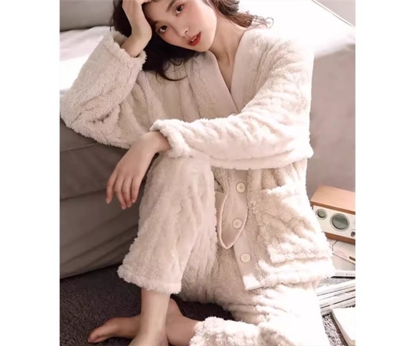 二点セット 上下セット ツーピース レディース パジャマ フルレングス 長袖 Vネック もこもこ ふわふわ ポケット 前開き ウエストゴム ボタン 厚手 ベルベット かわいい シンプル カジュアル