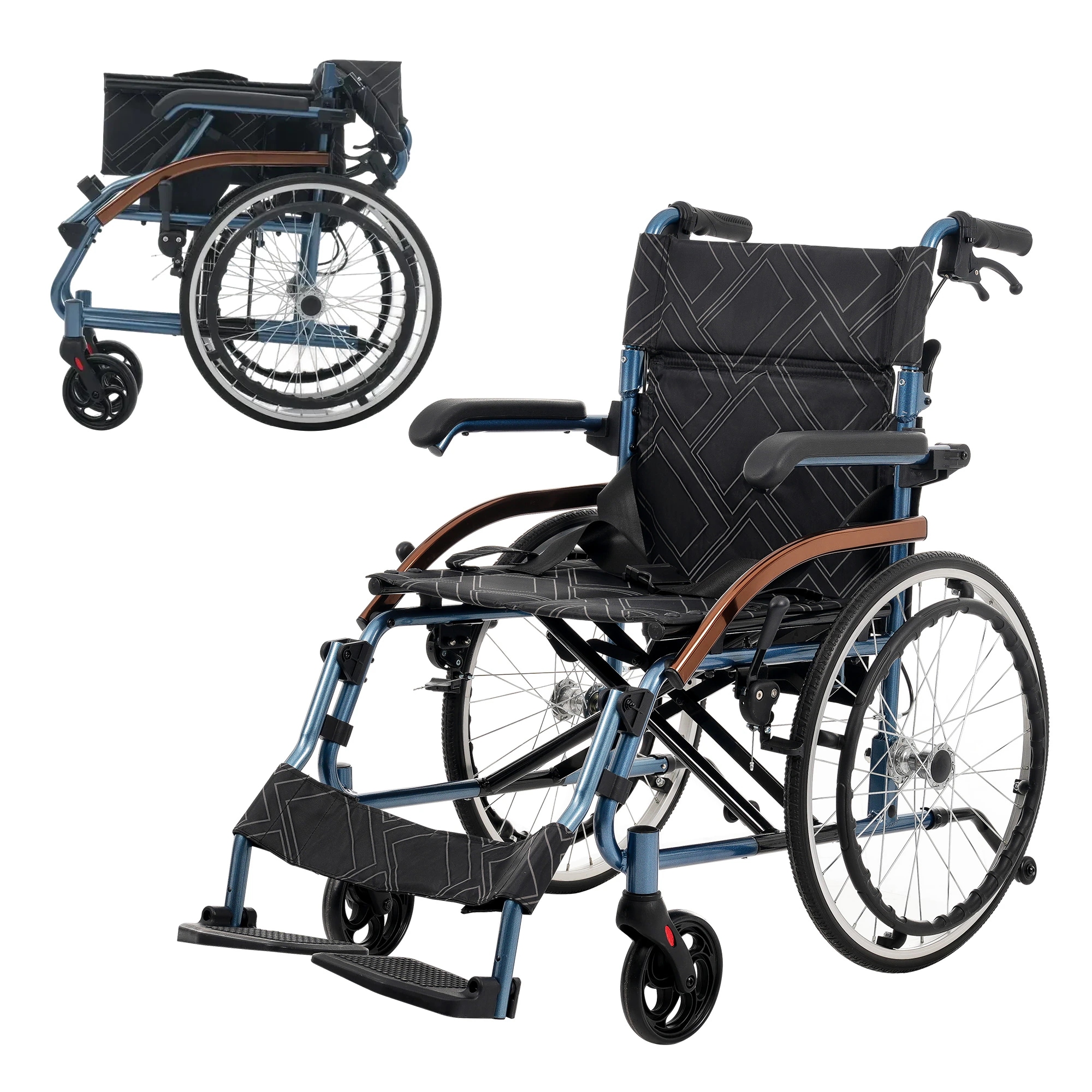 【国内出荷】車椅子 アルミ製 軽量 四輪 自立可能 防水生地 ノーパンクタイヤ 介助ブレーキ付き コンパクト 折りたたみ可能 座面付き 四輪 介助用 キャスター付き 介護用品 自立式 軽量車椅子 おし