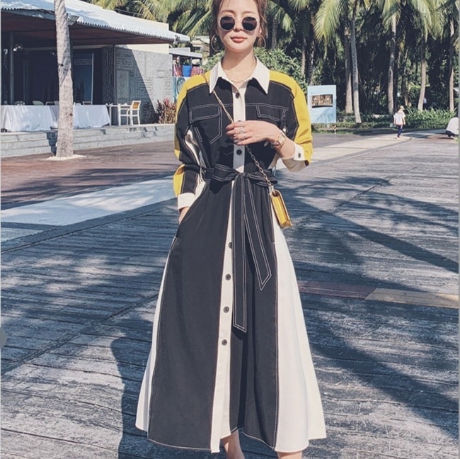 ロングシャツワンピース カジュアルロングシャツワンピース 長袖ワンピース カラーワンピース スカート ワンピース シャツ オールインワン ロングスカート フレアスカート シャツワンピース