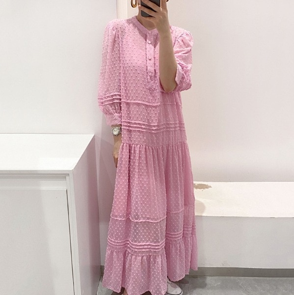 ワンピース 長袖 ノーカラー デザイン ボタン シアー 美ライン ニュアンス ティアード 透け感 シースルー カラバリ スタイルアップ ドラマチック かわいい 大人可愛い きれいめ シンプル