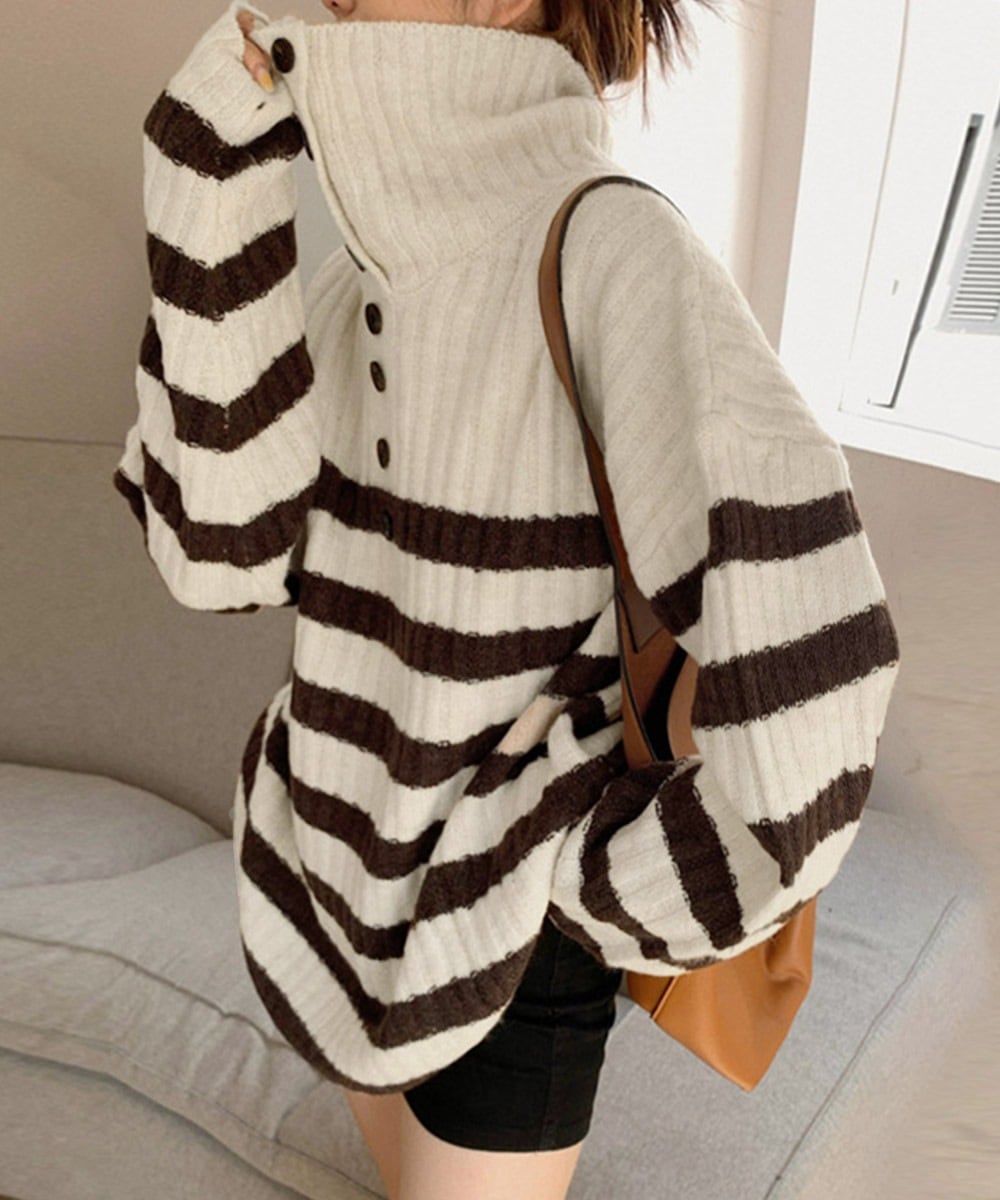 国内即納 ボーダーニット 韓国 ハイネックトップス 87MRJ-010