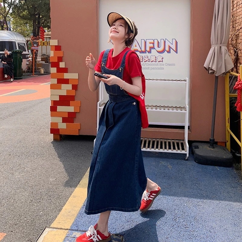 実写紺デニムリュックスカートスーツ女性夏新作ハイウエスト薄手カレッジ風Tシャツロングスカート2点セット