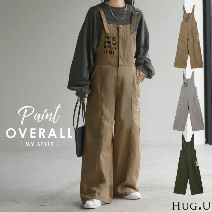 サロペット 綿100％ プリントレディース オールインワン ロゴ ワイド ワイドパンツ ハイウエスト ウエストゴム サロペ つなぎ オーバーオール ボトムス ロング コットン サスペンダー 調節可能