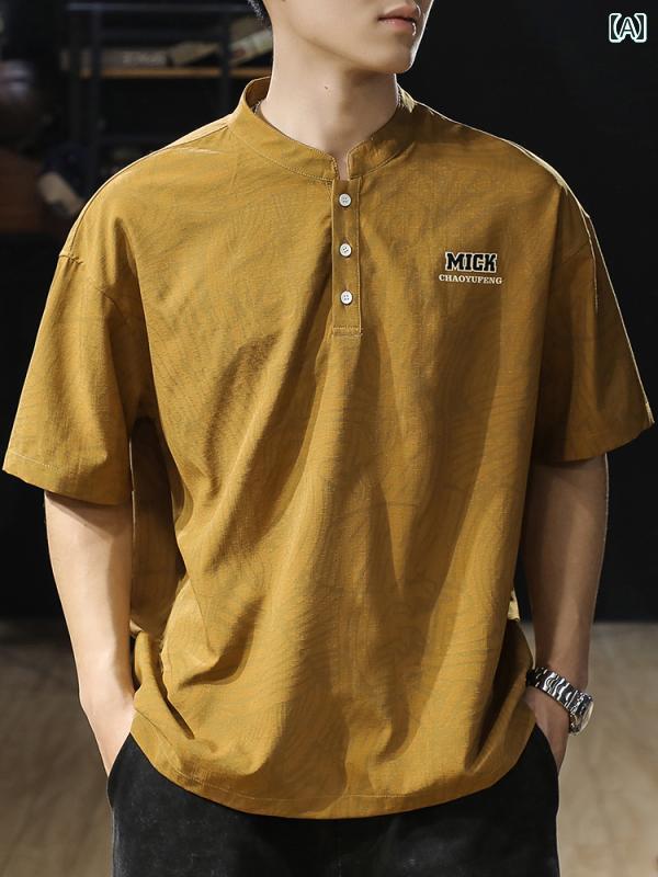 メンズ 高級感 冷感 クール 半袖 男性用 夏 大きいサイズ 速乾 シームレス Tシャツ 毎日 薄手 テキスト プリント ボタン シンプル
