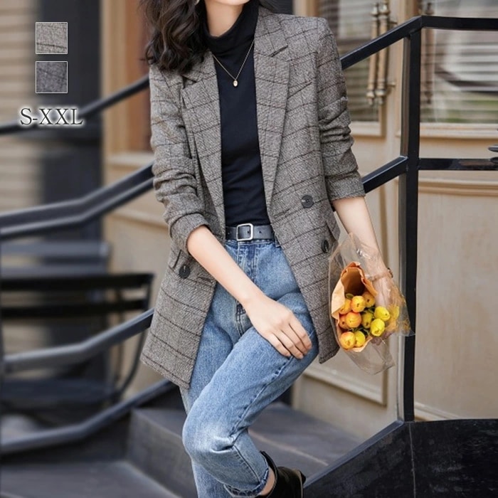 テーラードジャケット レディース チェック Vネック 長袖 春 秋 テーラード OL スーツ ライトアウター ジャケット 重ね着 カジュアル フォーマル カジュアル トップス オフィス 通勤 ビジネス