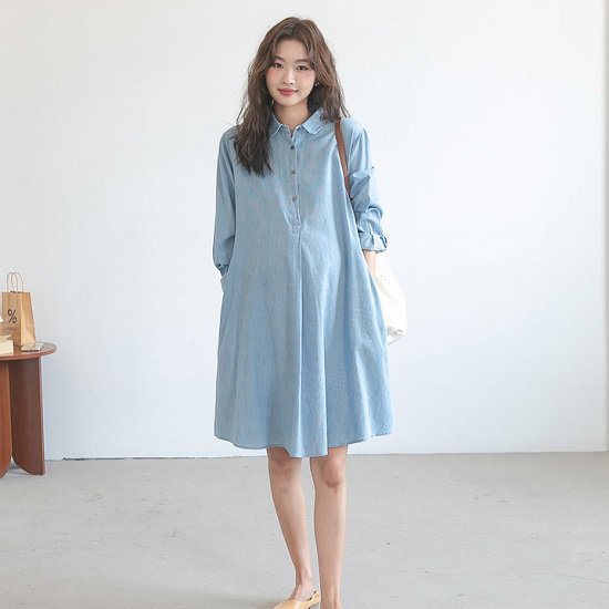 デニムシャツ シャツワンピース シャツ ロング丈 シャツワンピ デニム カジュアル 春ワンピ 春 ロング丈シャツ デニムワンピース 長袖 Aライン ボタン付き デニムシャツ シャツワンピース シャツ