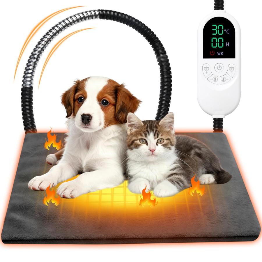 ペット用ホットカーペット 24時間タイマー 30-60℃段階温度調節 犬 猫 小動物用ぺットヒーターマット 噛みつき防止保護管付き電気ホットマット ペット加熱パッド