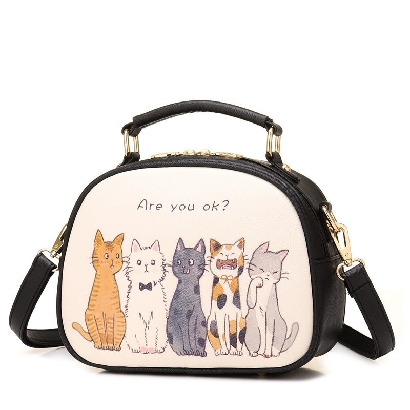 バッグ カバン レディース 猫 CAT ショルダー ハンドバッグ 斜めがけ 肩がけ 手持ち ミニ 多収納 コンパクト 軽量 スリム 自立 ファスナー かわいい シンプル カジュアル お洒落 レトロ