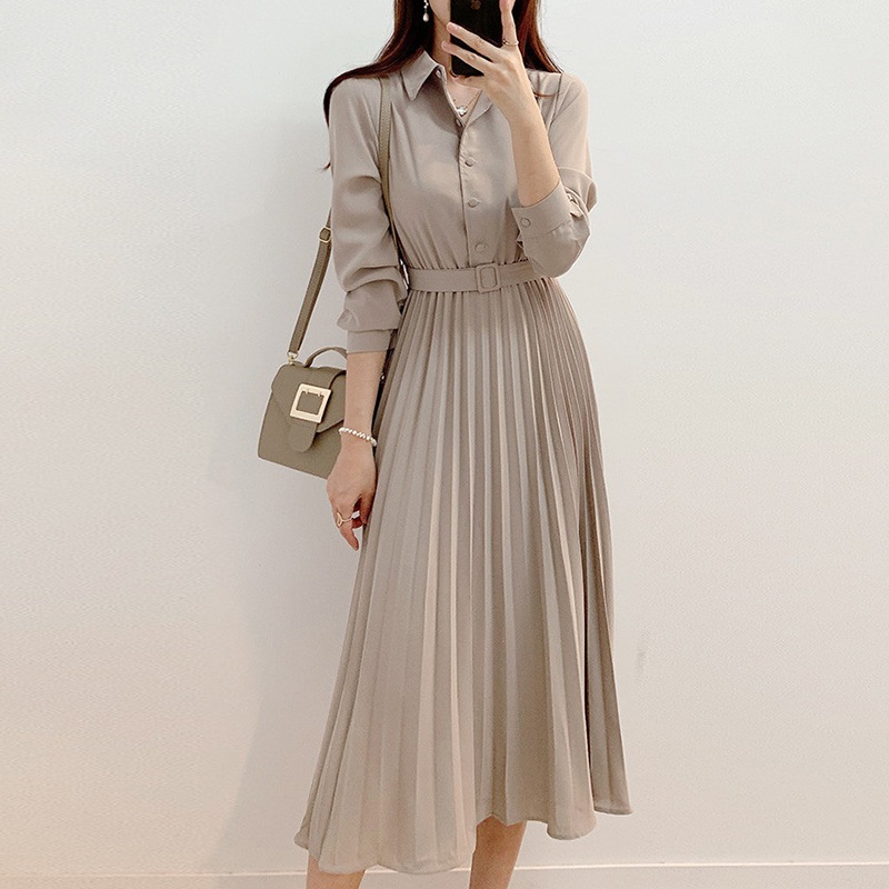 【今季注目】 無地 ベルト付き ハイウエスト POLOネック ボタン Aライン シャツ カジュアルワ