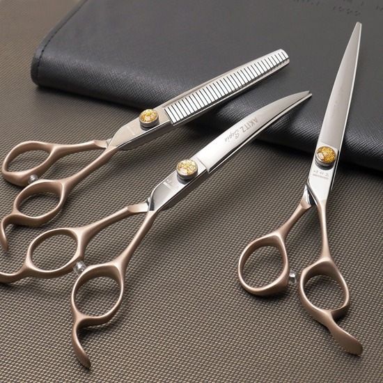[韓国公式/正規品] アキズ AKITZ セピア 3種セット 専門家用 愛犬ハサミ 7.25インチ ミンガウィ/7.25インチ カーブハサミ/6.5インチ 無ホーム 35発 毛羽ハサミ