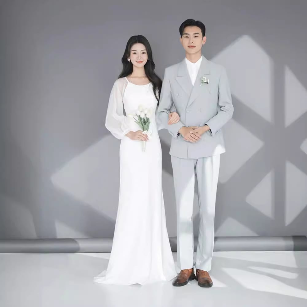 2025夏 ウェディングドレス 結婚式パーティードレス 花嫁 ホワイト メッシュ長袖 ワンピース 二次会 ロングドレス レディース