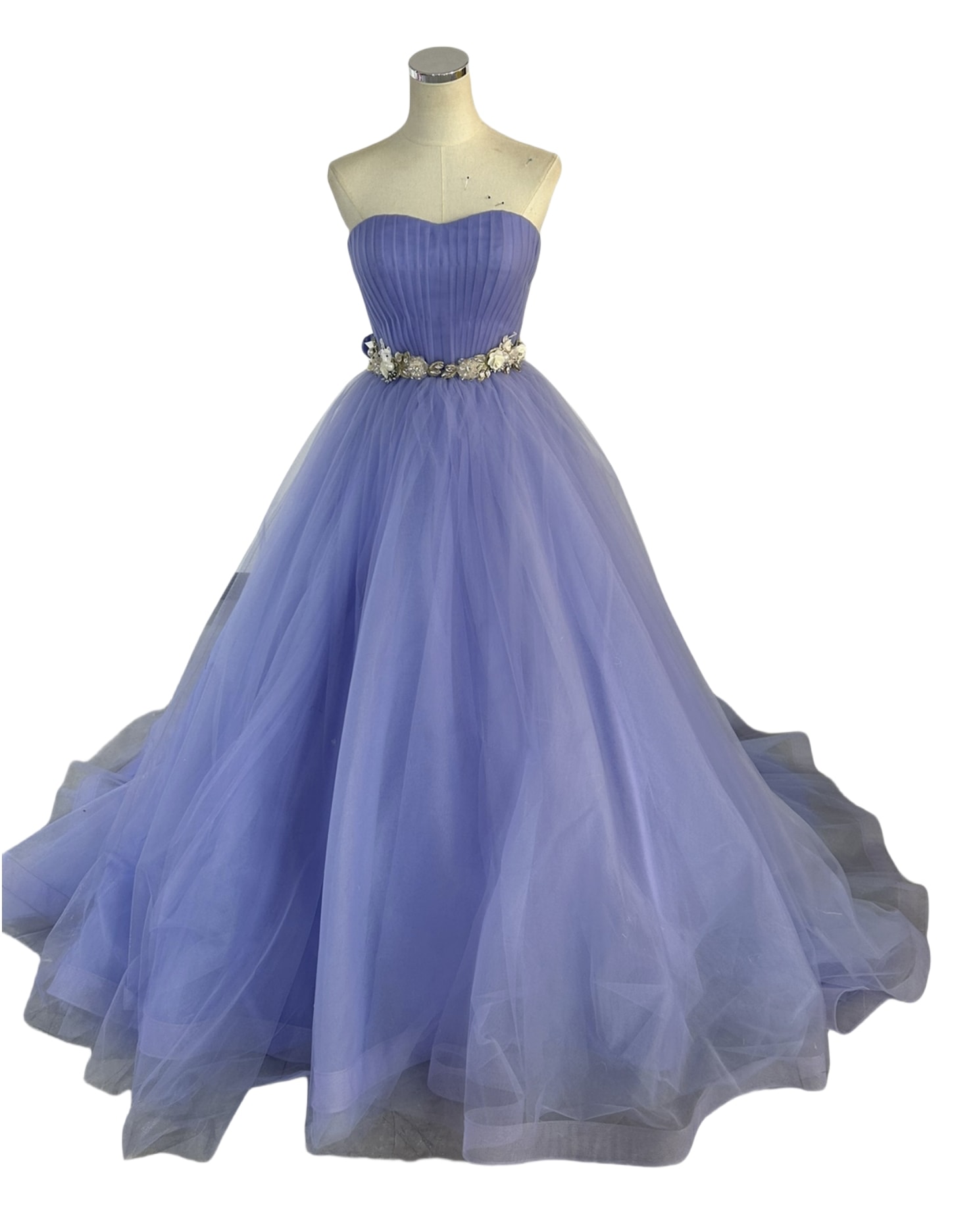 爽やかで優しいブルー カラードレス ベアトップ ソフトチュール ベルト 披露宴