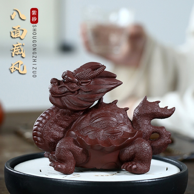 ファインパープルクレイピュアオールハンドメイドのティーペットドミネーリングドラゴンタートルパワフルな彫刻と風水工芸装飾品