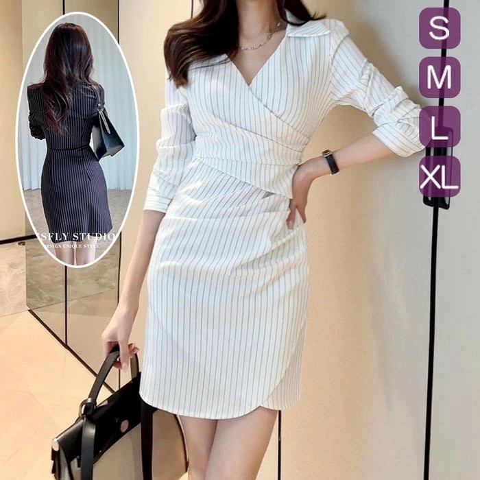 シャツワンピース 春秋 フォーマル オフホワイト ネイビー タイトスカート Vネック ロングシャツ 長袖 シャツワンピース ストライプ ワイシャツ ひざ丈 ショート 薄め チュニック カジュアル 白シ 8,423円