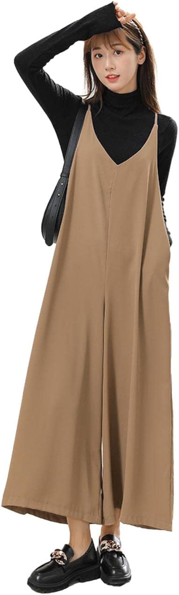 きれいめ大人サロペット 楽ちんコーデ ワイドパンツ ポケットあり シンプル カジュアル キレカジ ガーリー イージーケアJS14-BG-M( ミルクティー, M)