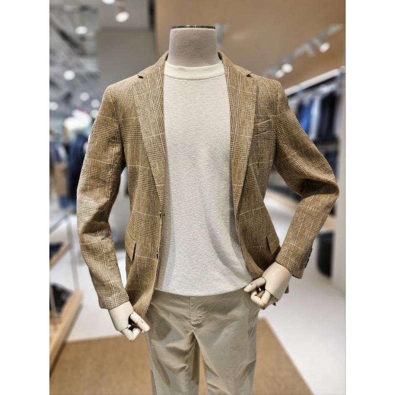 [坡州店] [AND Z()]ベージュブラウンカラーチェック柄リネンジャケット(BOE2KG1002BR)