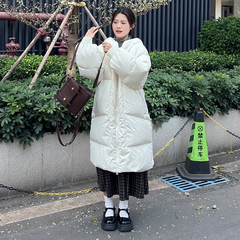 黄正日本デザイン菱形ホワイトダックダウンジャケット女性のための 2024 冬肥厚ルーズロングコットンコート