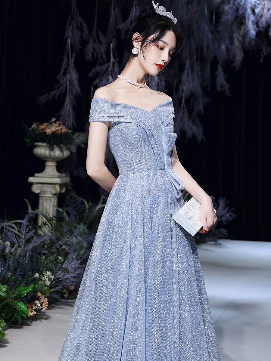 イブニングドレスフェミニンバンケット2024ホストスリムエレガントファッションワンショルダーブルードレス