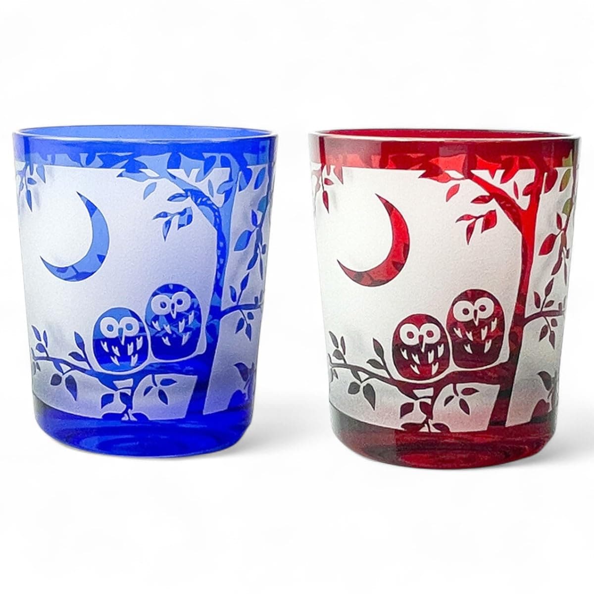 J-kitchens 水影 ペアー 切子 グラス カップ Φ80xH90mm 280cc ふくろう ブルー & レッド 美匠 Current Model