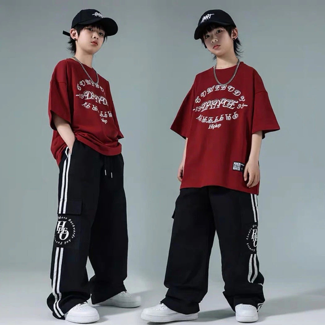 【90% 好評価率】ストリートダンス児童潮服夏男児スーツ酒赤ヒップホップtシャツhiphopズボン女児ストリートダンス潮服