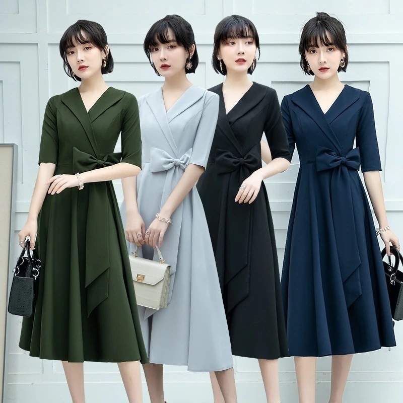ネイビー ロングスカート 冬新作 韓国風 中袖 スーツ襟 スリム同窓会発表会パーティー結婚式演奏会お呼ばれドレス