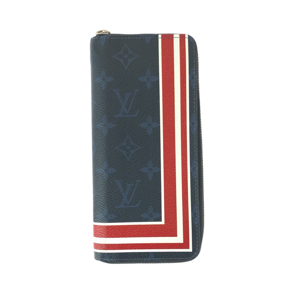 美品 モノグラム コバルト ヴェルティカル ストライプ ネイビー レッド シルバー金具 PVC M61678 長財布 ラウンドファスナー メンズ 601436