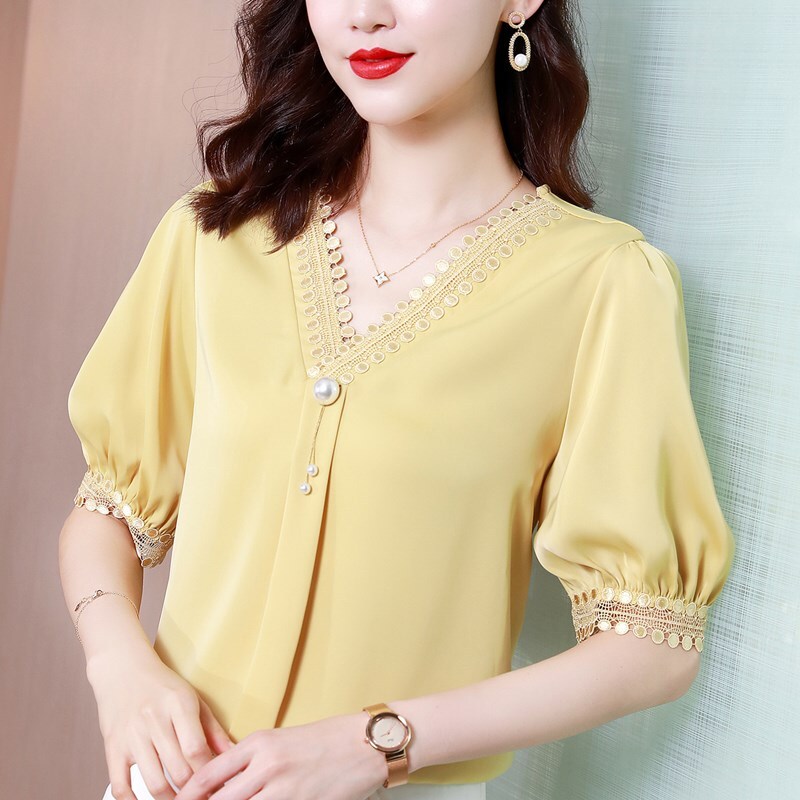 トップス ブラウス カットソー 袖あり 半袖 Vネック シフォン 快適 着心地 かわいい 大人可愛い きれいめ シンプル カジュアル 大人 上品 おしゃれ レトロ 大人女子 こなれ感 ラフ ラブリー