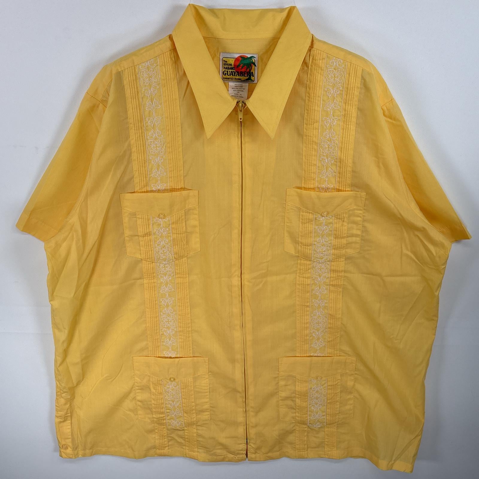 古着 GUAYABERA 半袖シャツ キューバシャツ フルジップ 4つポケ XL イエロー 無地 メンズ