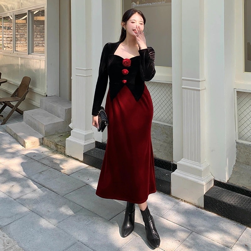 大きいサイズ XL-5XL 秋冬 ベルベット ワンピース 新年 フランス風 レトロ 高級感 ドッキング ロングワンピース フォーマル パーティー メガ割