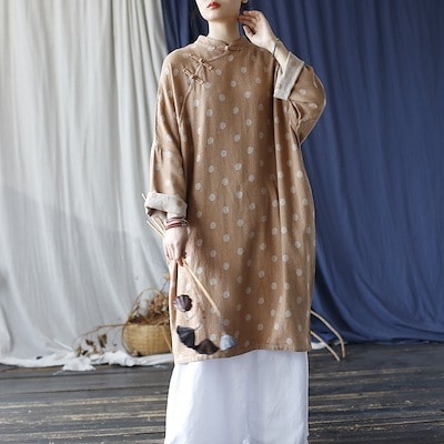 オリジナル　国風　レトロ　スタンドカラー　バックル　秋の作　ワンピース　ゆったり　旧長袖ガウン