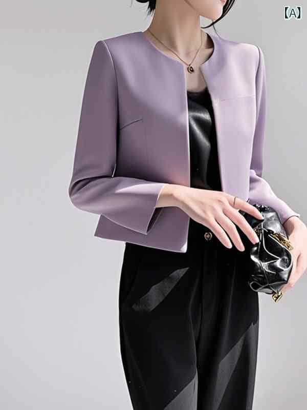 スーツ　ジャケット　カジュアル 春秋用の 薄紫 色の 丸 首 スーツ 小さい チャイナ ドレス ショール カーディガン レディース スリム ショート コート