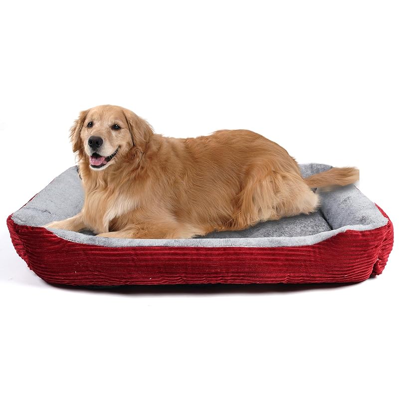 Aurako ペットベッド 犬用クッション 猫ベッド ペットソファー スクエア型 滑り止め 防寒ケージマット柔らかい寝床 姿勢矯正 冬 夏 床 高齢犬 子犬 猫 小型犬 中型犬 耐噛み レッド XXL