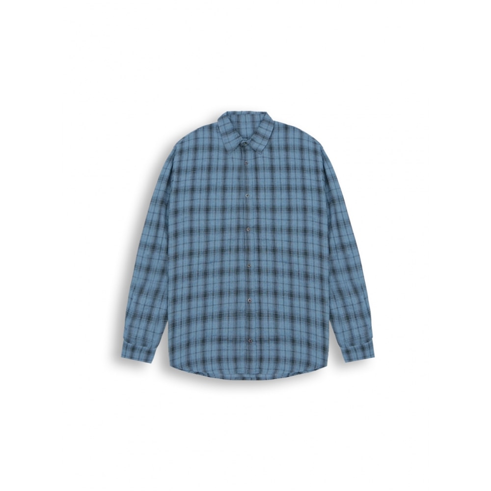 ABEEHUMS バックロゴリネンルーズフィットチェックシャツ ABH366 118 ブルー