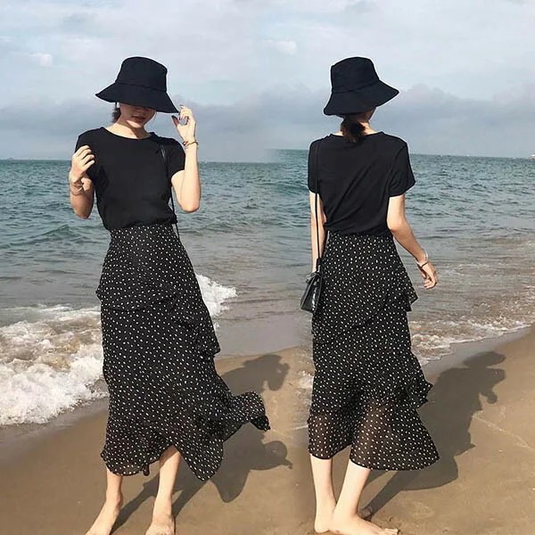 スカートロングスカート夏 春 マキシスカート ロング丈 可愛い マーメイドシルエット きれいめ デート フリル 大人 Aライン 水玉 かわいい 女子 お出かけ デイリー シフ ドット柄 ロングスカート