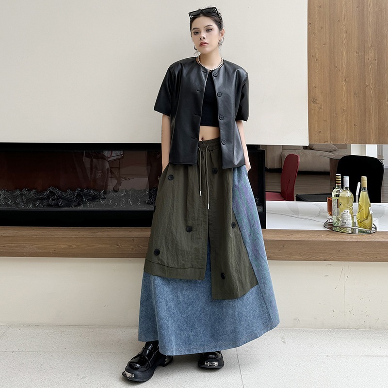 【J.Fashion】 2024秋新品 欧美風 ロングスカート デニムドッキング レトロ レディース スカート メガ割 フレアスカート