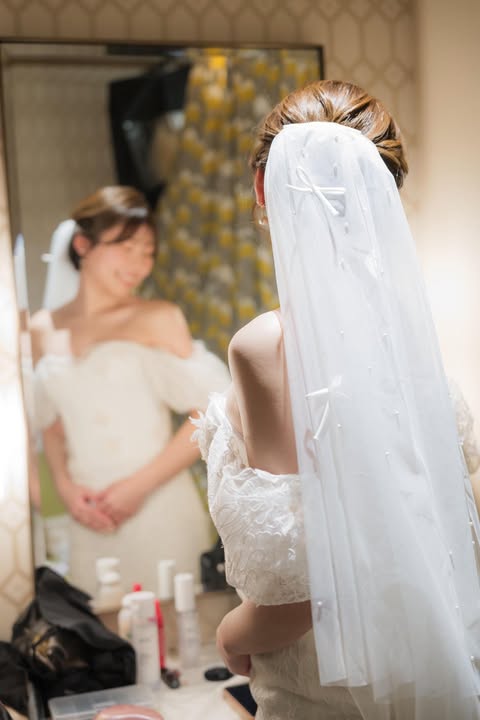 実例写真！ショートベール ウエディングドレス パール リボン オフホワイト 8,873円