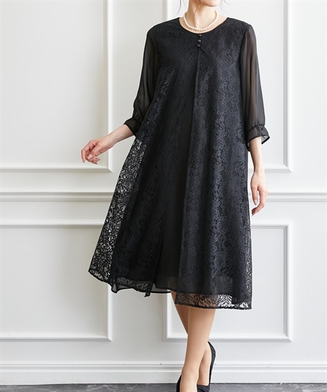 ロング・マキシ丈/半袖 レース重ね着風シフォンミモレ丈ワンピース