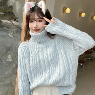模様編み アンバランスヘム トップス セーター プルオーバー ミディアム丈 袖あり 長袖 萌袖