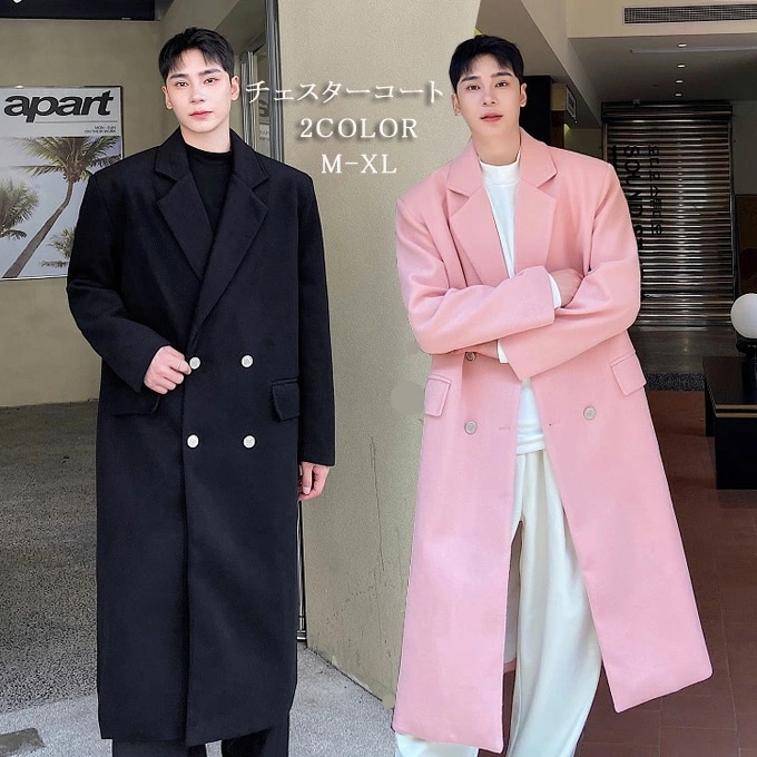 チェスターコート メンズ ロング ロング丈 コート ウール風 厚手 暖かい ダブルボタン 秋冬 アウター コート ビッグシルエット 韓国 ファッション おしゃれ シンプル コート カジュアル ストリー