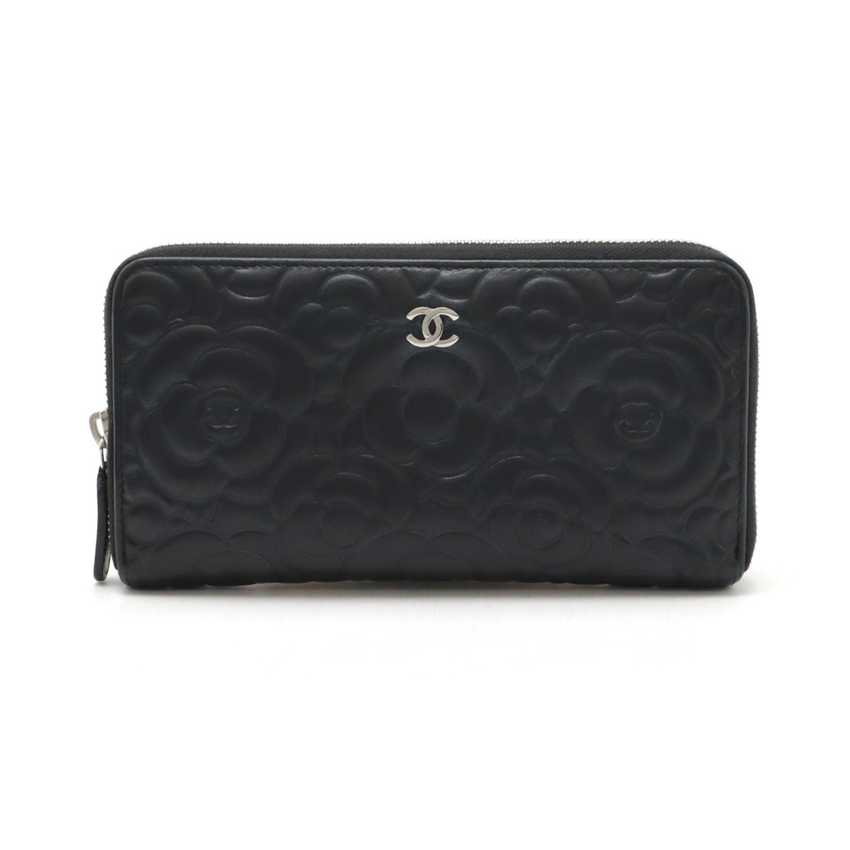 カメリア エンボス ジップウォレット ラウンドファスナー 長財布 ココマーク レザー ブラック 黒 ゴールド金具 A7062