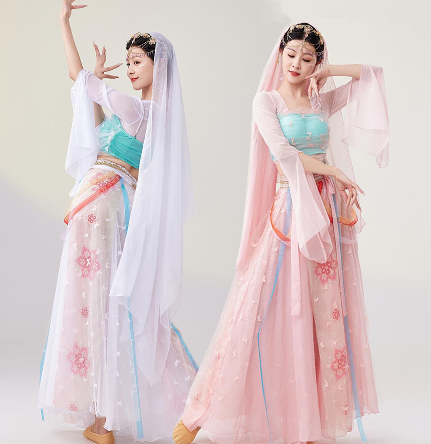 中華 アラビアン衣装 3点 4点 5点セット選べる レディース 大人 中華 古典舞踊 衣裳 チャイナ風 民族ダンス 衣装 長袖 フリルスリーブ ショート丈トップス チュール 蝶々 キャミソール リボン